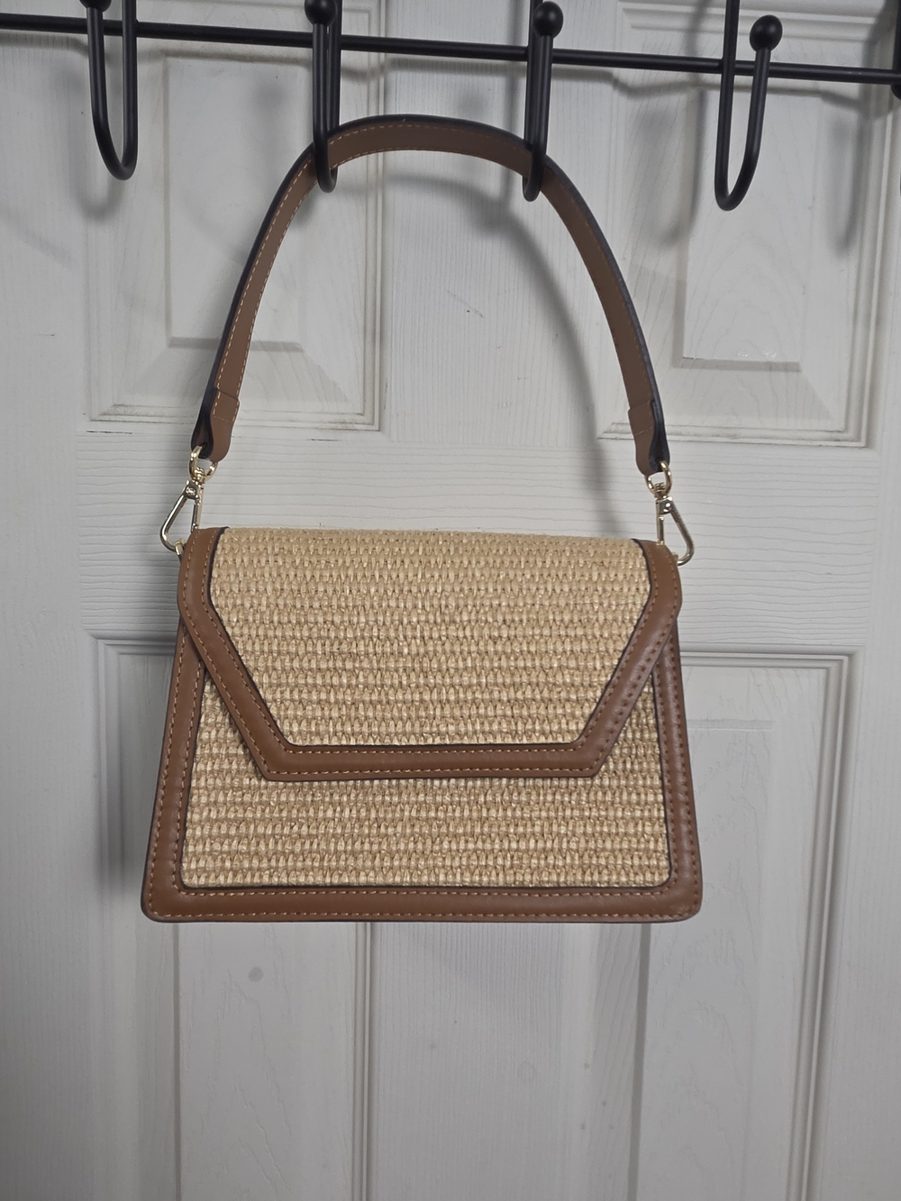 Woven Straw Shoulder Bag with Brown Trim - Women's Handbag